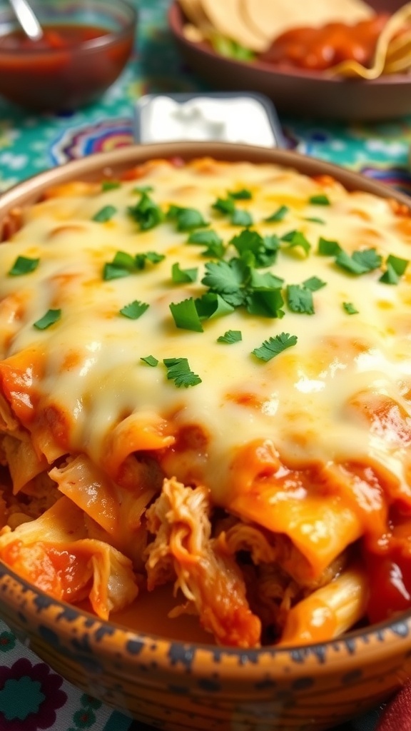 A cheesy chicken enchilada casserole with layers of tortillas, chicken, and cheese, garnished with cilantro, served in a baking dish.